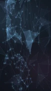 Sparse blue nodes and fine connecting lines drift among translucent polygon.. Stock-Illustration