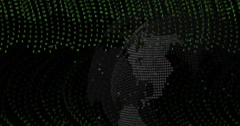 Sparse green binary digits starting wave formation, revealing rotating globe Stock Footage 313704131