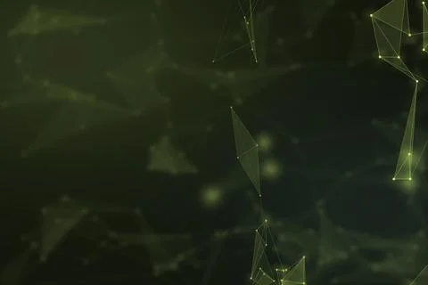 Sparse green wireframe shapes and glowing points drift through a deep shado.. Stock Illustration