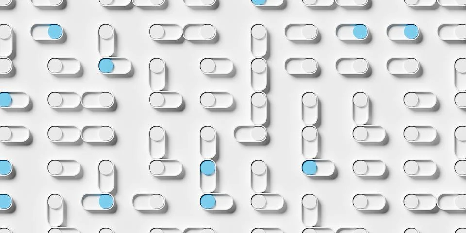 Sparse grid of switches turned on and off on white background, abstract bus.. Stock Illustration