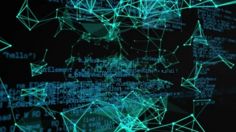 Sparse nodes appearing, teal mesh net growing, forming, camera zooming, code Stock Footage 335739209
