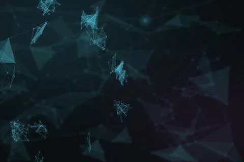 Sparse teal wireframe fragments and softly glowing points float through a d.. Stock Illustration