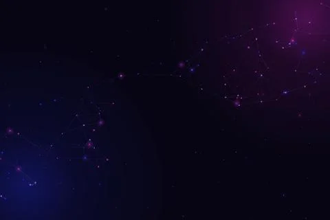 A sparse web of violet and blue nodes stretches across a dark atmospheric f.. Illustrazione stock