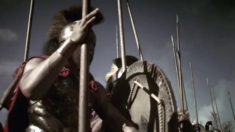 Spartan commanders shouting with shields in phalanx, 5th century- Reenactment Stock Footage 202906851