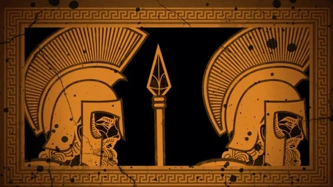 Spartan soldiers marching with spears in ancient orange greek amphora style Stock Footage 319876591