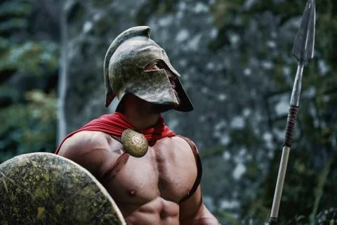 Spartan warrior in the woods Stock Photos