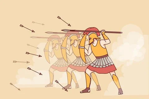 Spartans with shield and spear attack Stock Illustration
