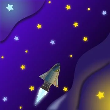 Spaseship in space Background dark blue gradient night sky with many stars Stock Illustration
