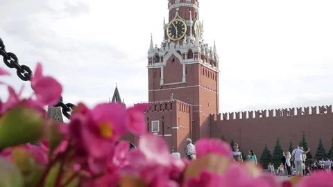 Spasskaya tower and flowers Stock Footage