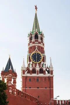 Spasskaya Tower with clock in Kremlin Stock Photos