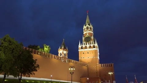 Spasskaya Tower on Red Square in Moscow late at night Stock Footage 201106908