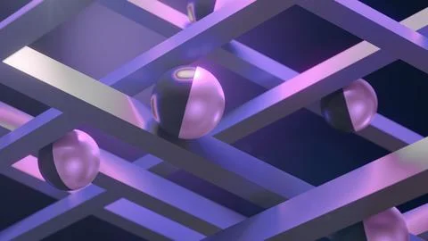 Spatial 3D grid with metallic spheres in purple lighting Stock Illustration