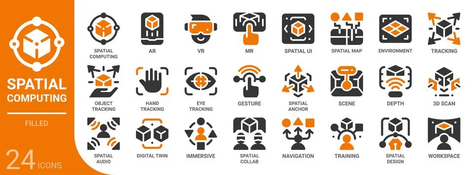 Spatial computing filled glyph icon set,24 vector icons イラスト素材