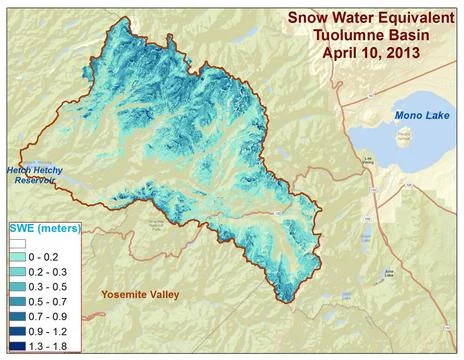 Spatial distribution of snow water equivalent across the Tuolumne River Ba... Stock Photos