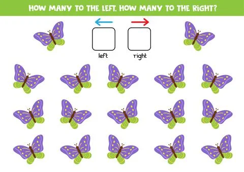 Spatial orientation for kids. How many butterflies fly to the right and how m Stock Illustration
