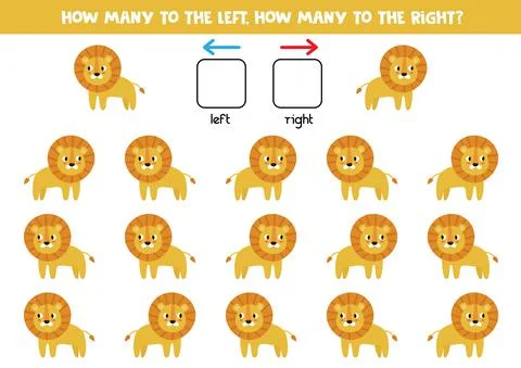 Spatial orientation for kids. Left or right. Cute cartoon lions. Stock Illustration