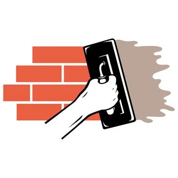 Spatula in hand spreads plaster on a brick wall Stock Illustration