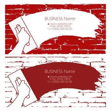 Spatula in hand spreads plaster on brick wall. Business card plasterer concep Stock Illustration