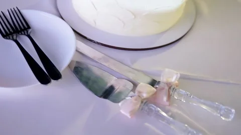 Spatula, knife, two forks on a plate for cutting a wedding cake. Stock Footage 149669830