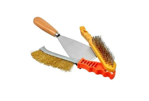 Spatula or Scraper, Wire Brush, hand tools isolated on white. Stockfoto's