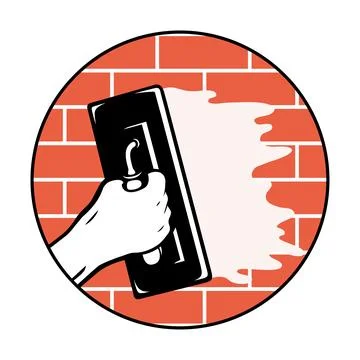 Spatula smears plaster on a brick wall, plasterer sign Stock Illustration