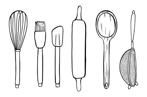 Spatula, whisk, colander, rolling pin, culinary brush on white background. Stock Illustration
