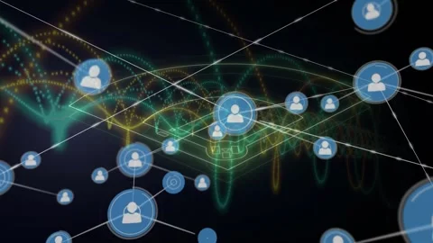 Spawning blue user icon in digital void, more icons linking to form network, Stock Footage 327006375
