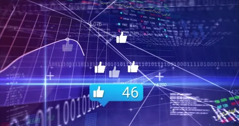 On spawning thumbs-up icon blue bubble updating count while icons flowing on Stock Footage 310318141