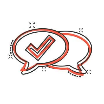 Speak chat sign icon in comic style. Speech bubble with check mark cartoon ve Stock Illustration