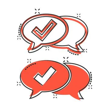 Speak chat sign icon in comic style. Speech bubble with check mark cartoon ve Illustrazione stock