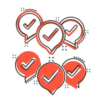 Speak chat sign icon in comic style. Speech bubble with check mark cartoon ve Illustrazione stock