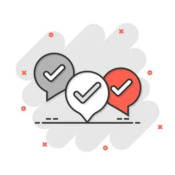 Speak chat sign icon in comic style. Speech bubble with check mark cartoon ve Illustrazione stock