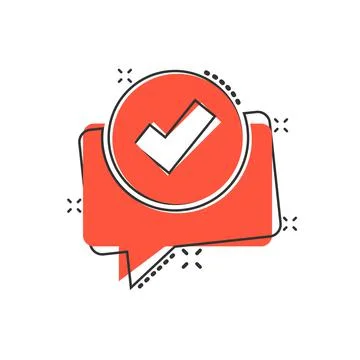 Speak chat sign icon in comic style. Speech bubble with check mark cartoon ve Illustrazione stock