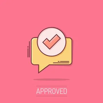 Speak chat sign icon in comic style. Speech bubble with check mark cartoon .. Stock Illustration