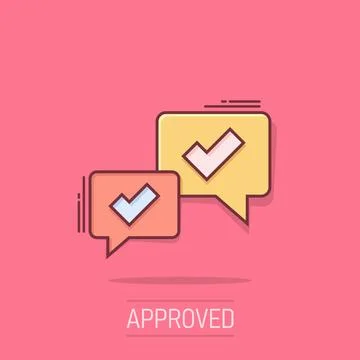 Speak chat sign icon in comic style. Speech bubble with check mark cartoon .. Stock Illustration