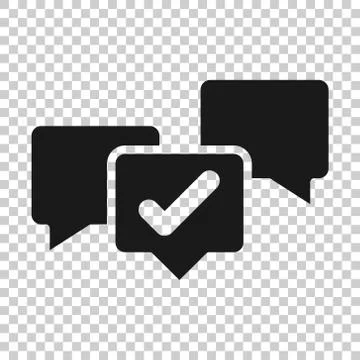 Speak chat sign icon in flat style. Speech bubble with check mark vector illu Stock Illustration