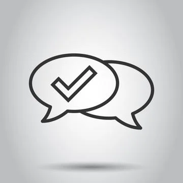 Speak chat sign icon in flat style. Speech bubble with check mark vector illu Stock Illustration