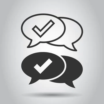 Speak chat sign icon in flat style. Speech bubble with check mark vector illu Stock Illustration