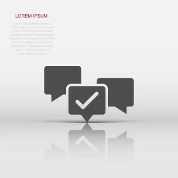 Speak chat sign icon in flat style. Speech bubble with check mark vector il.. Illustrazione stock