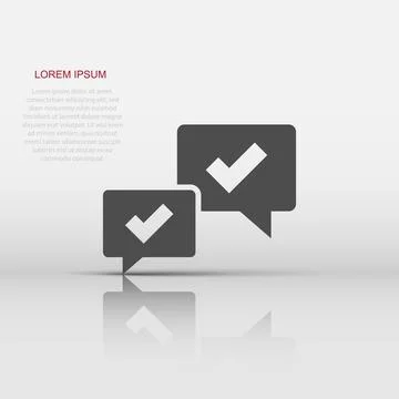 Speak chat sign icon in flat style. Speech bubble with check mark vector il.. Stock Illustration