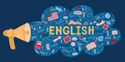 Speak English. Foreign language learning course or grammar textbook. Talk and Stock Illustration