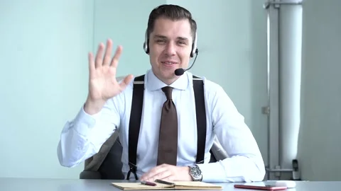 Speaker businessman talking at webcam making conference video call Stock Footage 134461235
