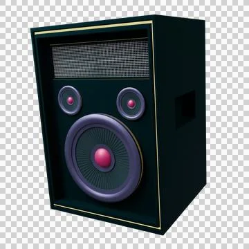 Speaker cabinet is being shown in 3D with drivers, gold trim, pink caps, Stock Illustration
