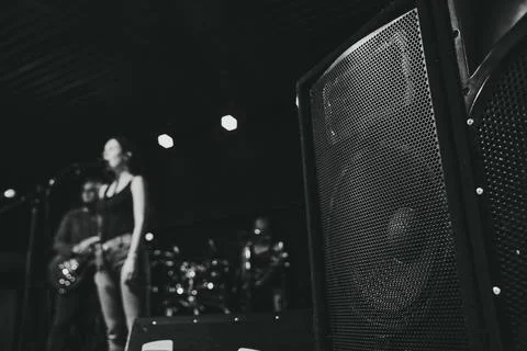 Speaker cabinet facing band performance on stage in monochrome light Fotos de archivo