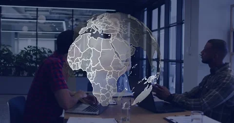 Speaker gesturing in business meeting 3D globe growing and rotating illustrating Stock Footage 320205688