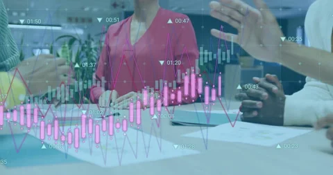 Speaker gesturing charts, activating chart overlays, team stacking hands for Stock Footage 312083211