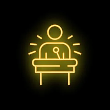 Speaker giving a talk behind a lectern neon sign bright yellow on black bac.. Stock Illustration
