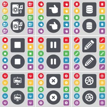 Speaker, Hand, Database, Media stop, Pause, Pencil, Graph, Stop, Ball icon symbo Stock Illustration