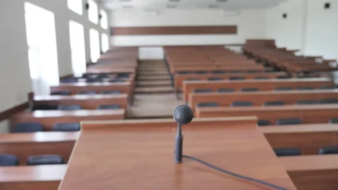 Speaker Microphone Standing On Podium Stock Footage 172487860