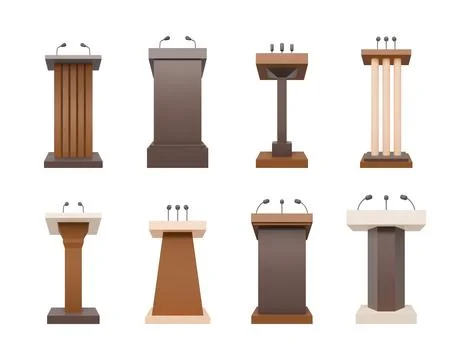 Speaker platform. Conference stage mockup, lecture speech stand. 3d white wooden Stock Illustration